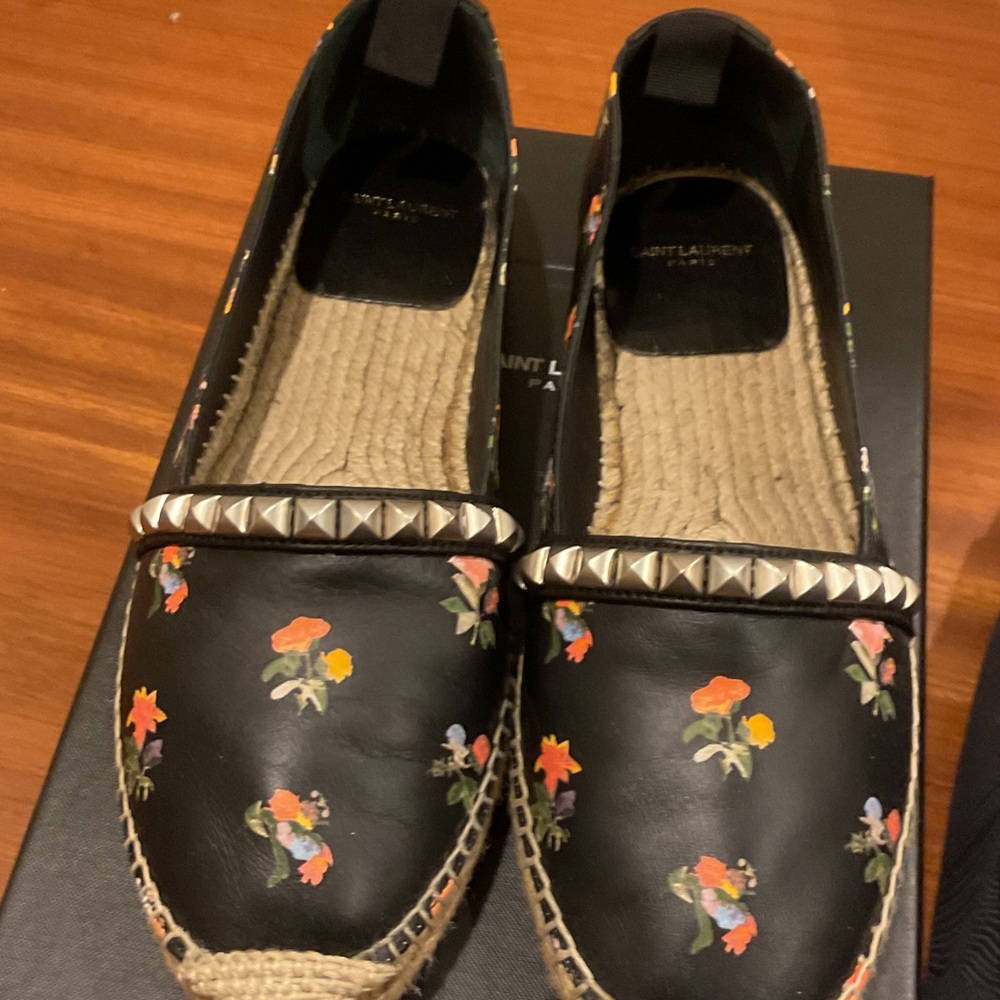 Saint Laurent Black Espadrilles with Floral Design